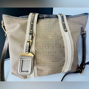A condition PRADA Hand Bag Canvas 2way Beige Gold